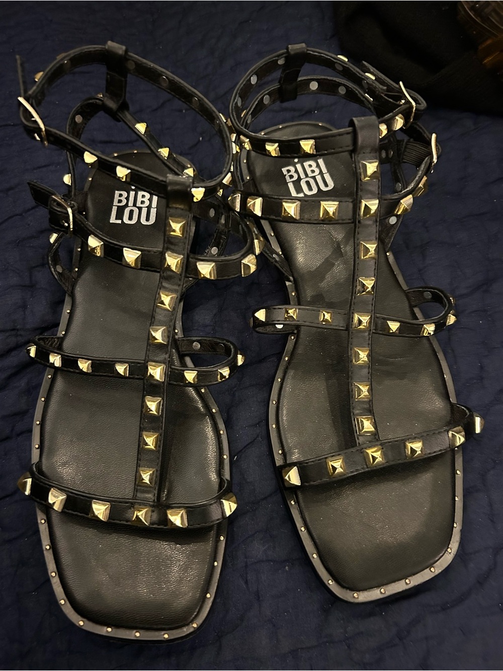Bibi Lou Black Studded T-Strap Sandals, gladiator style.